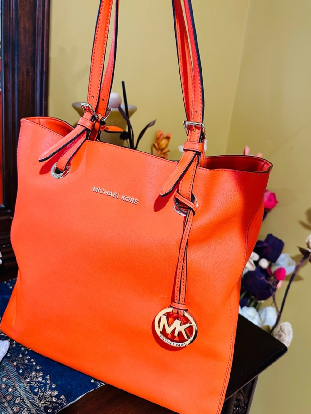Michael Kors Bright Orange Saffiano Tote with Gold Logo Charm